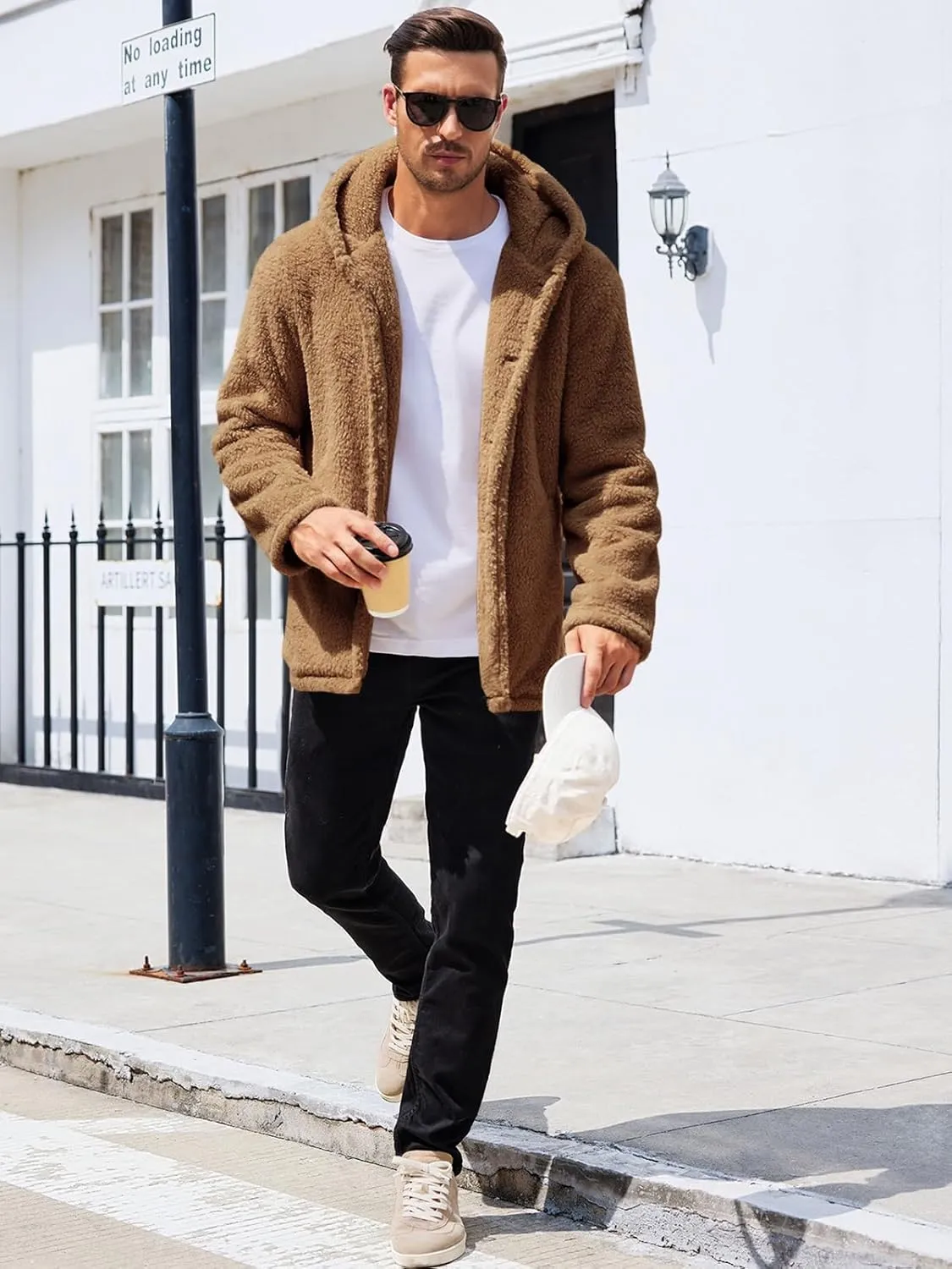 PASLTER Mens Fuzzy Sherpa Jacket Fluffy Fleece Open Front Cardigan Button Down Coat Winter Warm Thicken Lined Outwear