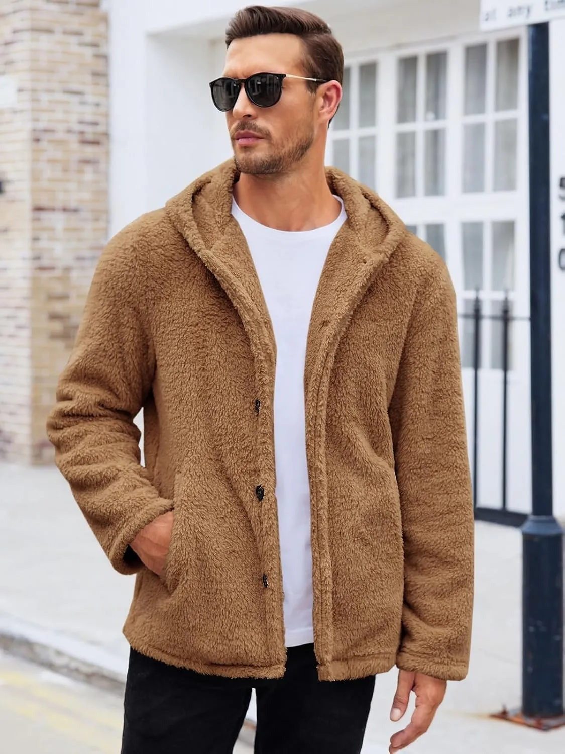PASLTER Mens Fuzzy Sherpa Jacket Fluffy Fleece Open Front Cardigan Button Down Coat Winter Warm Thicken Lined Outwear
