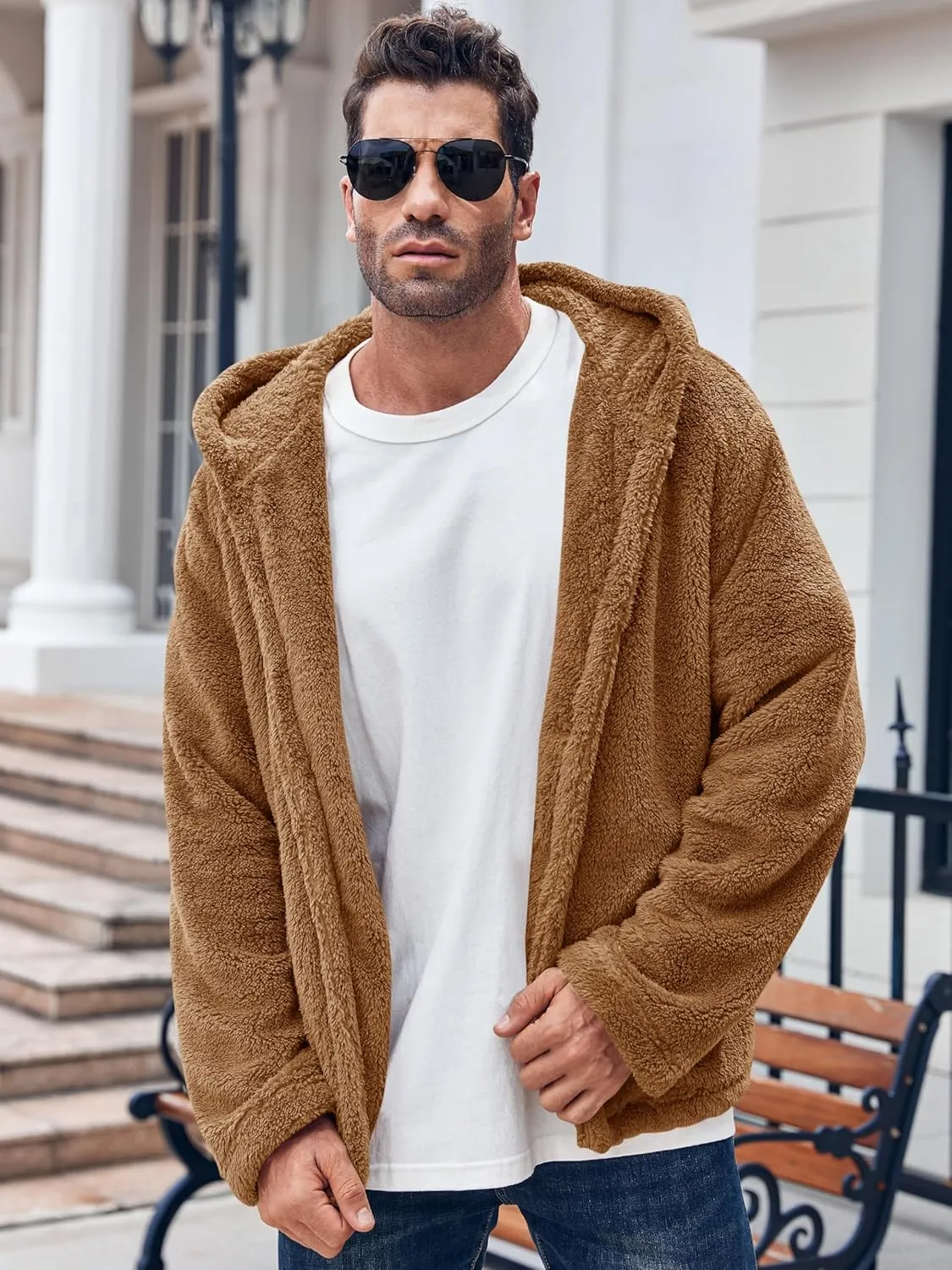 PASLTER Mens Fuzzy Sherpa Jacket Fluffy Fleece Open Front Cardigan Button Down Coat Winter Warm Thicken Lined Outwear