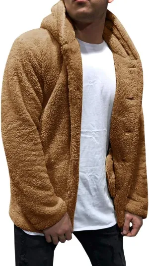 PASLTER Mens Fuzzy Sherpa Jacket Fluffy Fleece Open Front Cardigan Button Down Coat Winter Warm Thicken Lined Outwear