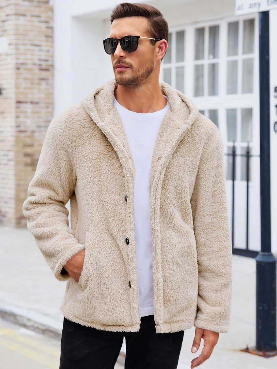 PASLTER Mens Fuzzy Sherpa Jacket Fluffy Fleece Open Front Cardigan Button Down Coat Winter Warm Thicken Lined Outwear