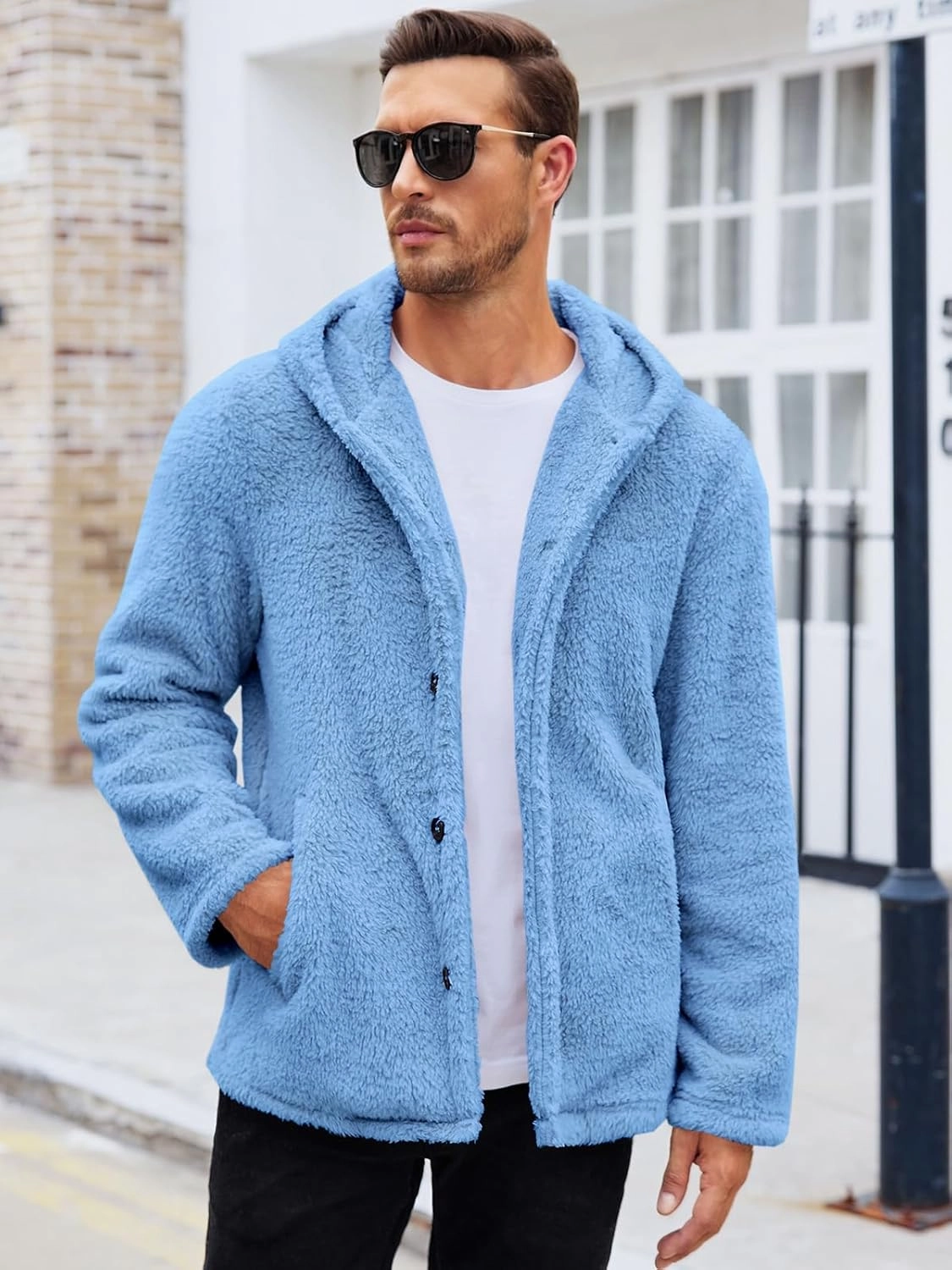 PASLTER Mens Fuzzy Sherpa Jacket Fluffy Fleece Open Front Cardigan Button Down Coat Winter Warm Thicken Lined Outwear
