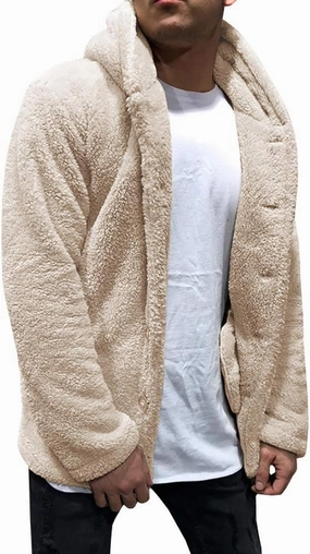 PASLTER Mens Fuzzy Sherpa Jacket Fluffy Fleece Open Front Cardigan Button Down Coat Winter Warm Thicken Lined Outwear