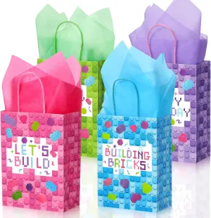 PerKoop 24 Pieces Building Block Party Favor Bags, Bricks Candy Treat Paper Bags, Party Gift Goodie Bags with Handle for Girls Building Block Birthday Baby Shower Decoration Supplies(Bright)