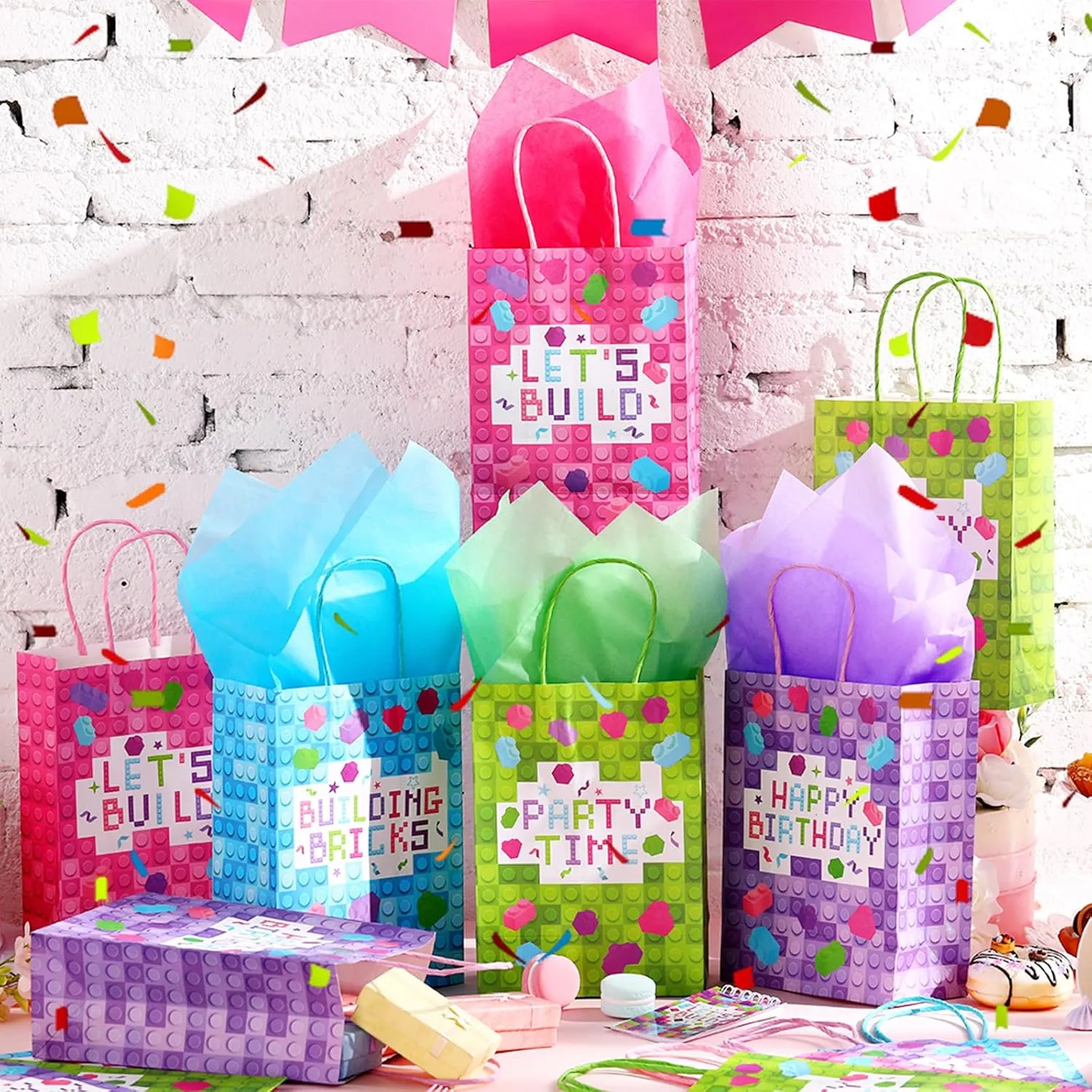 PerKoop 24 Pieces Building Block Party Favor Bags, Bricks Candy Treat Paper Bags, Party Gift Goodie Bags with Handle for Girls Building Block Birthday Baby Shower Decoration Supplies(Bright)