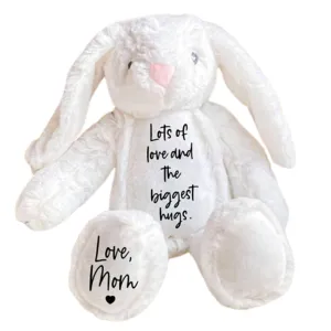 Personalized Plush Bunny with Name, Custom Lots of Love and the Biggest Hugs Rabbit Toy Cute White/Grey Stuffer Animal Doll for Family, Friecds, Lovers Keepsake Gift (C)