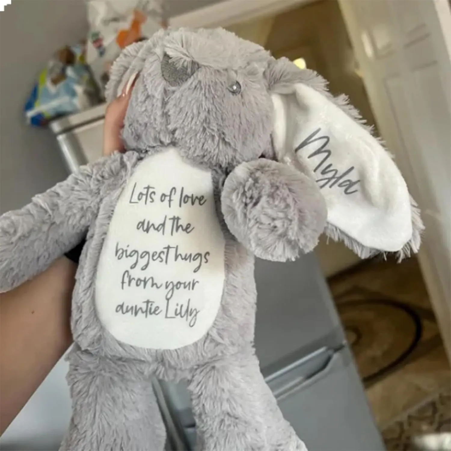 Personalized Plush Bunny with Name, Custom Lots of Love and the Biggest Hugs Rabbit Toy Cute White/Grey Stuffer Animal Doll for Family, Friecds, Lovers Keepsake Gift (C)