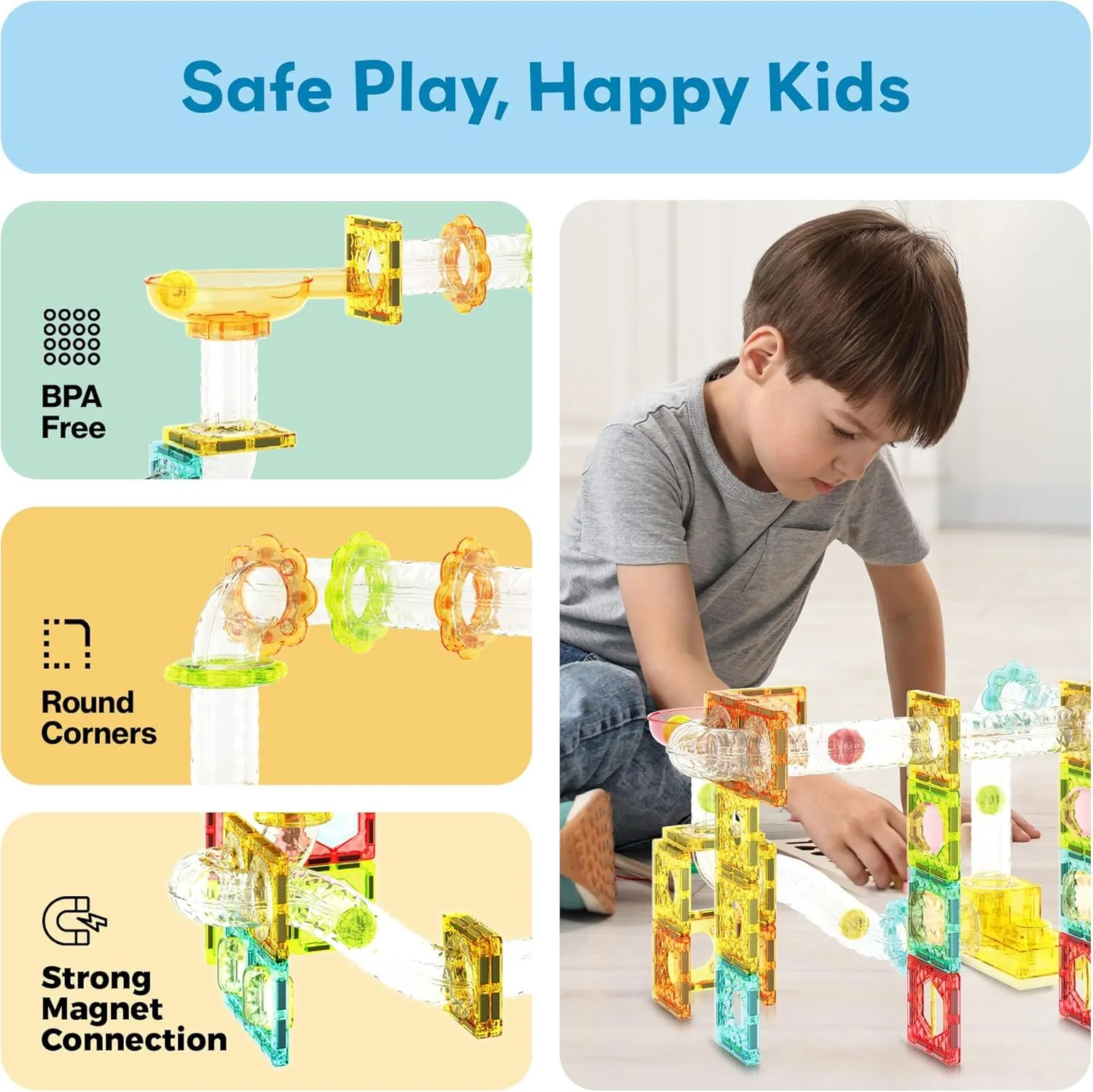 PicassoTiles 100 Piece Magnetic Marble Run Travel Size Sensory Toddlers Construction Toy Set Mini Diamond Magnet Tiles Marbles for Kids Race Track Building Blocks STEM Learning Kit Boy Girl 3  PTMG100