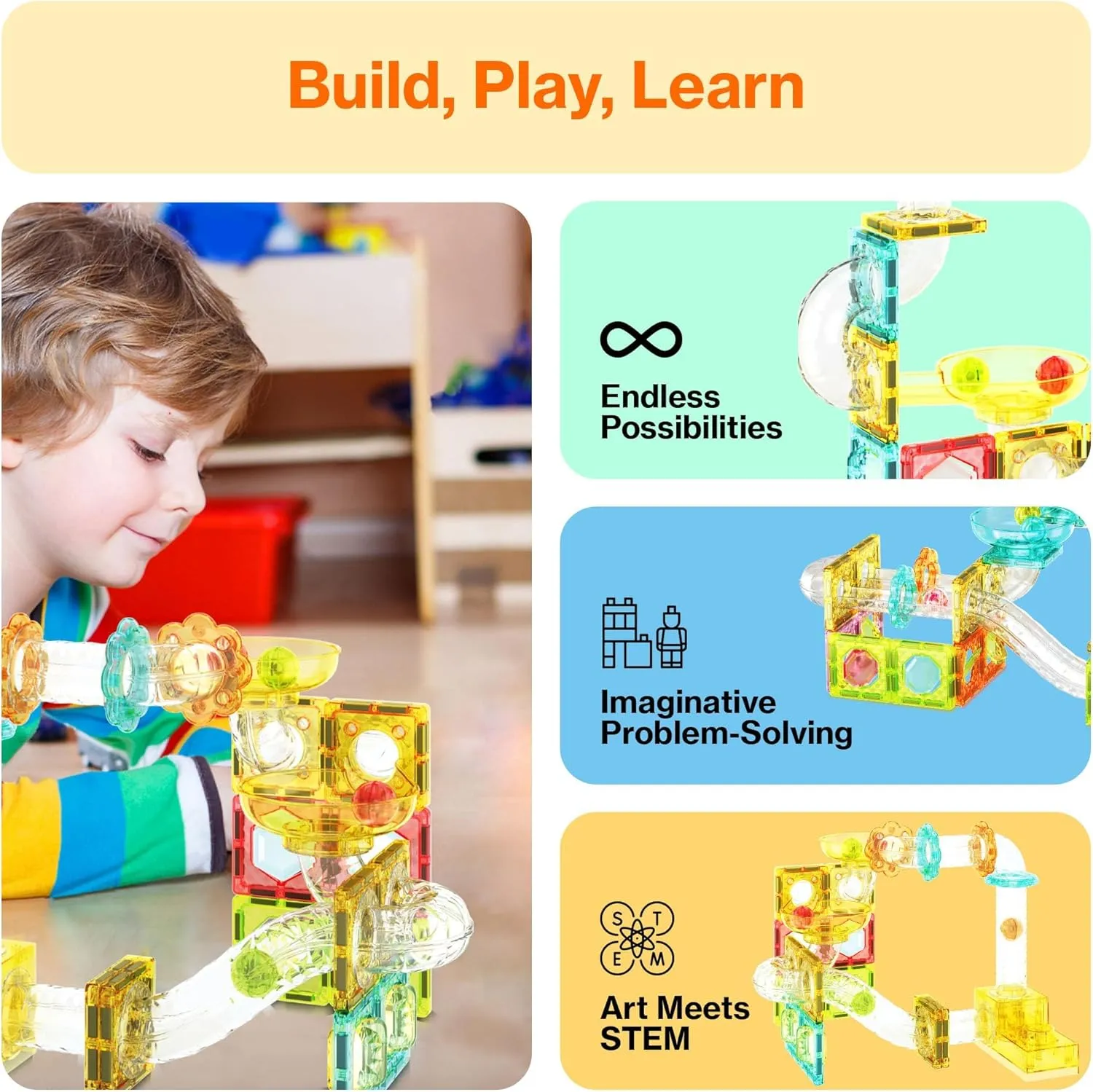 PicassoTiles 100 Piece Magnetic Marble Run Travel Size Sensory Toddlers Construction Toy Set Mini Diamond Magnet Tiles Marbles for Kids Race Track Building Blocks STEM Learning Kit Boy Girl 3  PTMG100