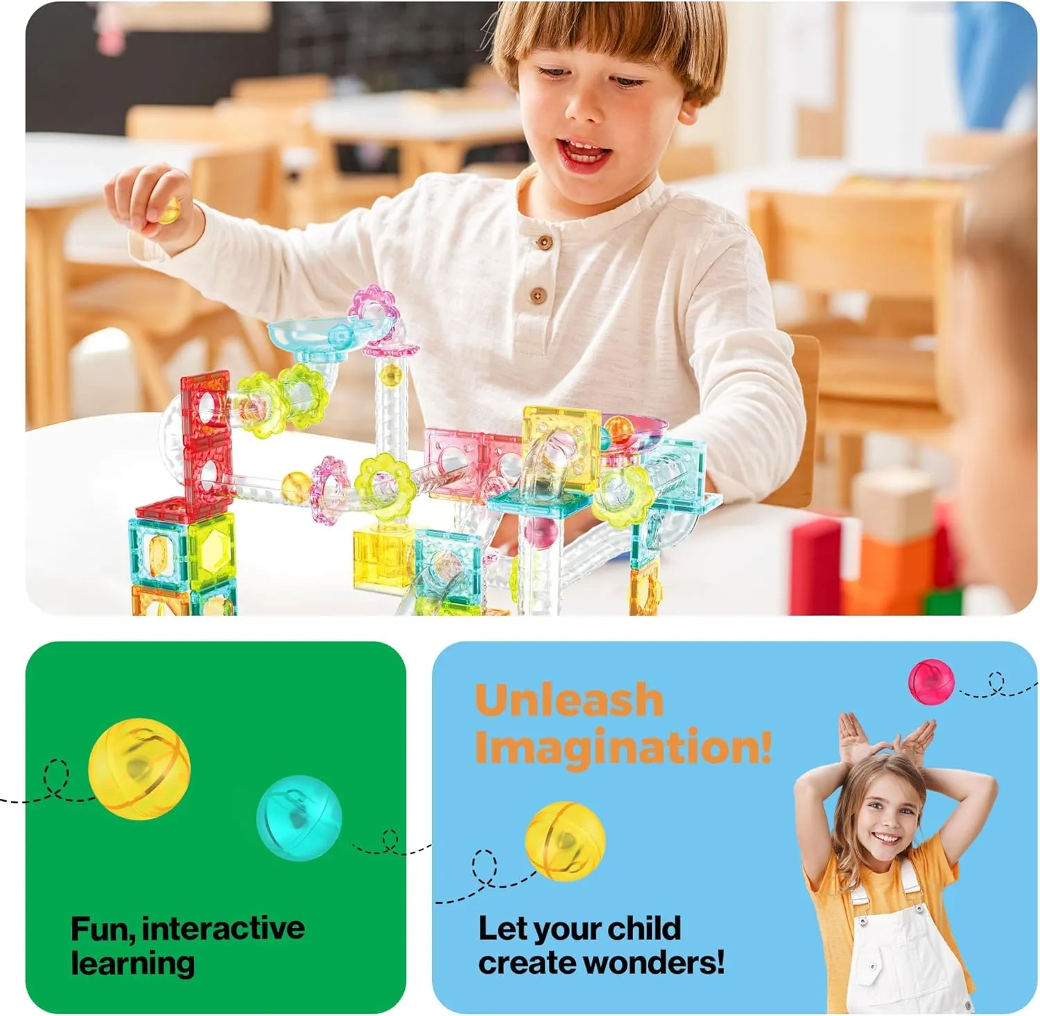 PicassoTiles 100 Piece Magnetic Marble Run Travel Size Sensory Toddlers Construction Toy Set Mini Diamond Magnet Tiles Marbles for Kids Race Track Building Blocks STEM Learning Kit Boy Girl 3  PTMG100