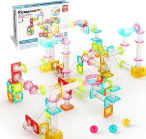 PicassoTiles 100 Piece Magnetic Marble Run Travel Size Sensory Toddlers Construction Toy Set Mini Diamond Magnet Tiles Marbles for Kids Race Track Building Blocks STEM Learning Kit Boy Girl 3  PTMG100