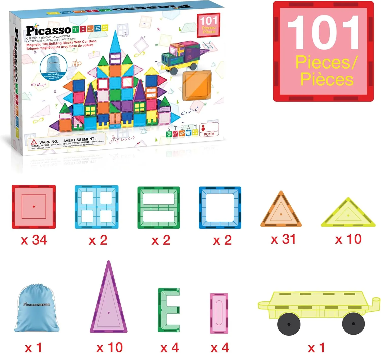 PicassoTiles 101pc Magnetic Tile Building Blocks with Car Base Drawstring Carry Toy Storage Bag Magnetized Block for Kids Magnet ToySet Educational STEM Learning Child Brain Development Ages 3  PC101