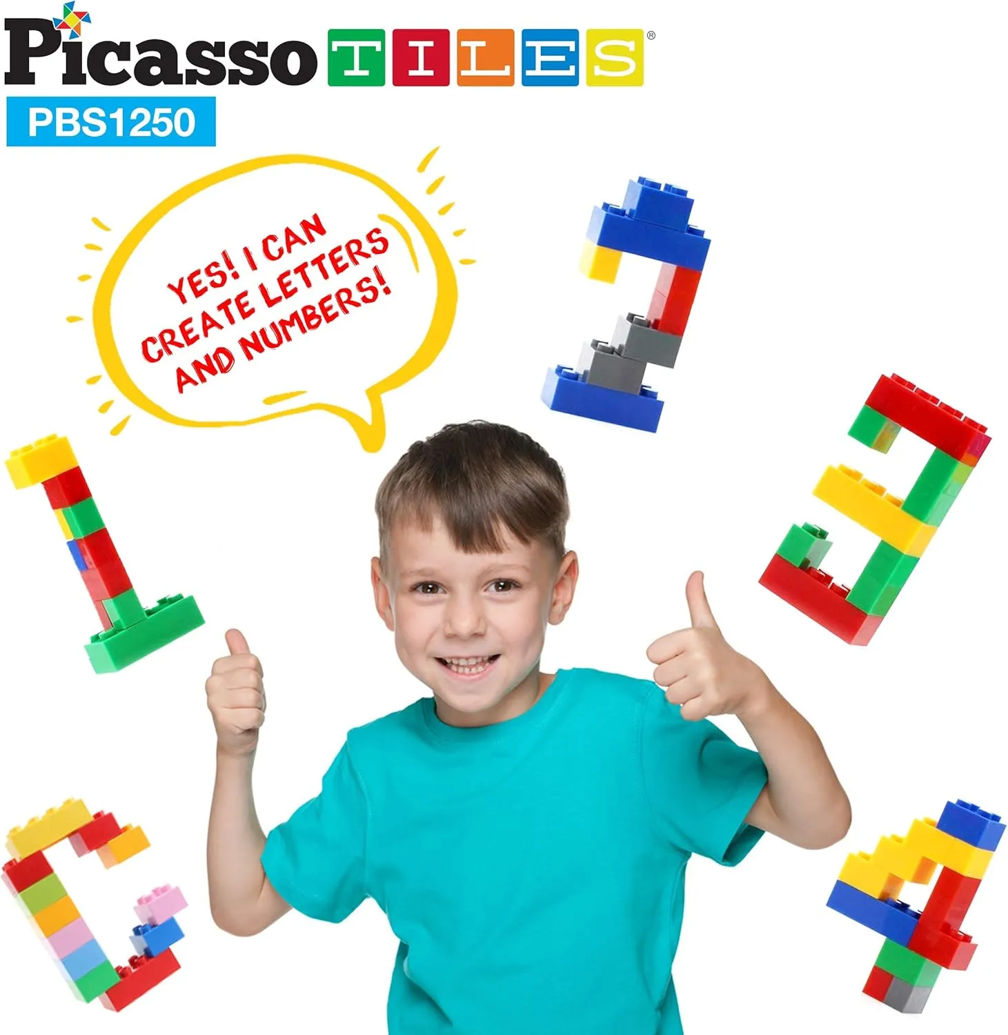 PicassoTiles 1250 PCs Educational Building Block Tiles Set Creative Shapes to Enhance Imaginative Play Unique Set to Characters and Numbers Learning STEM Toys Washable for Learning Education Ages 3 
