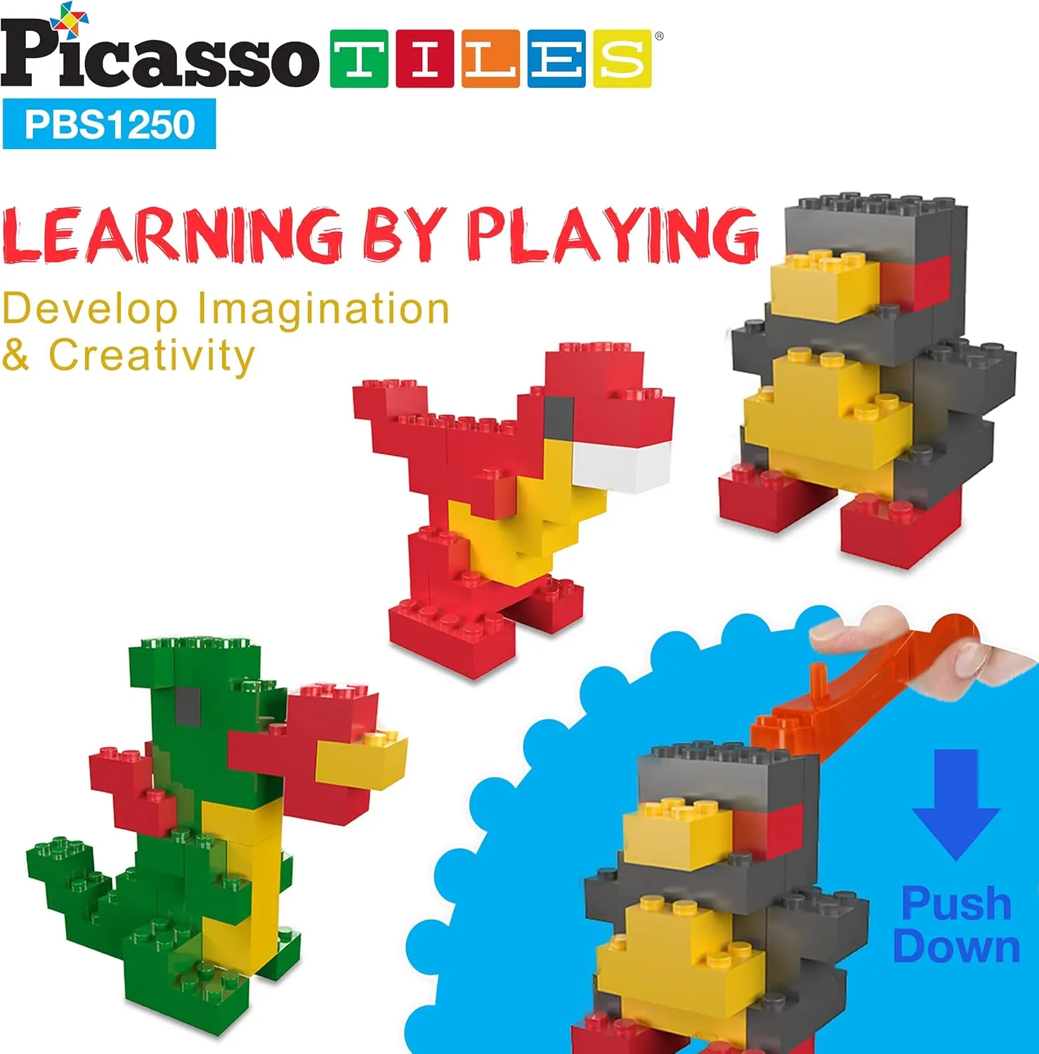 PicassoTiles 1250 PCs Educational Building Block Tiles Set Creative Shapes to Enhance Imaginative Play Unique Set to Characters and Numbers Learning STEM Toys Washable for Learning Education Ages 3 