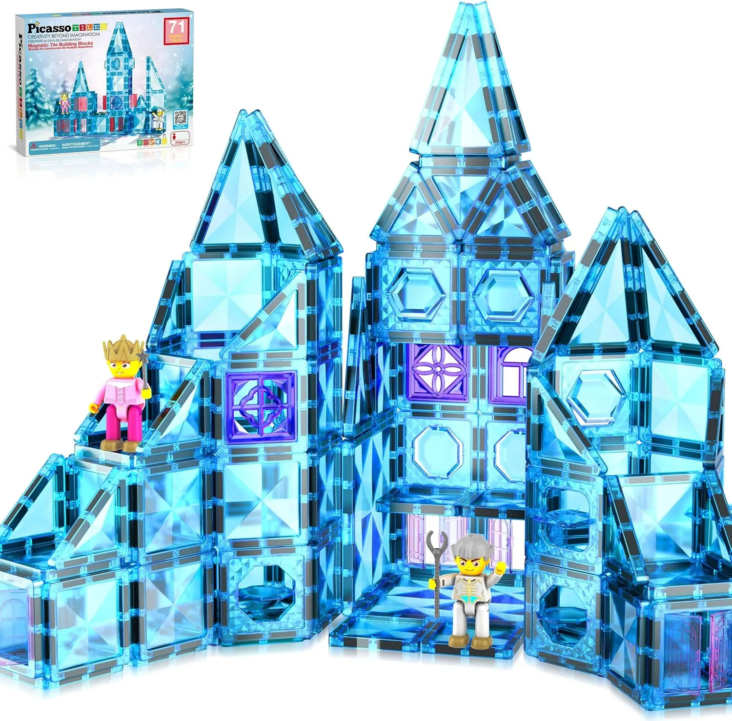 PicassoTiles 71pc Mini Diamond Series Winter Ice Theme Magnetic Tile Building Blocks 2 Character Action Figures Travel Size On-The-Go Magnet Construction Toy Set STEM Development Kit Ages 3  PTM71