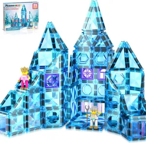 PicassoTiles 71pc Mini Diamond Series Winter Ice Theme Magnetic Tile Building Blocks 2 Character Action Figures Travel Size On-The-Go Magnet Construction Toy Set STEM Development Kit Ages 3  PTM71