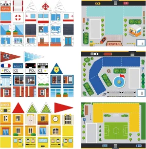 PicassoTiles 80pc School, Hospital, Police Station 3-in-1 Theme Magnet Self Adhesive Backing Stick-On Puzzle Graphic Kit and Overlay Maps for Magnetic Building Blocks STEM Learning Construction Toy