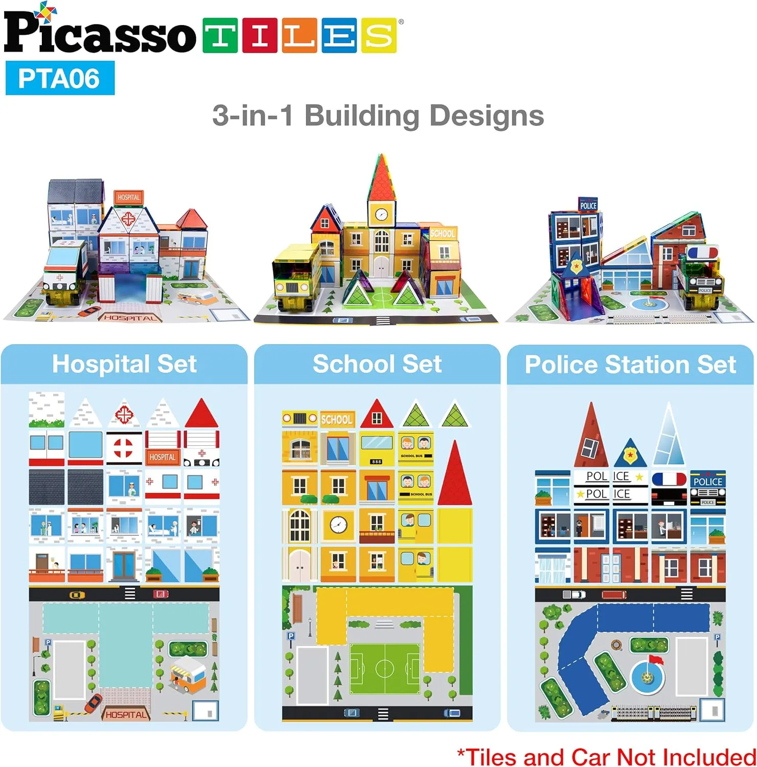 PicassoTiles 80pc School, Hospital, Police Station 3-in-1 Theme Magnet Self Adhesive Backing Stick-On Puzzle Graphic Kit and Overlay Maps for Magnetic Building Blocks STEM Learning Construction Toy