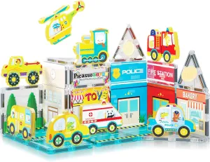 PicassoTiles Magnet Tile Building Blocks Metro City Themed Playset with 8 Character Action Figures Magnetic Tiles STEM Learning Early Education Toy Construction Set Toddlers Boys Girls Ages 3  PTQ24