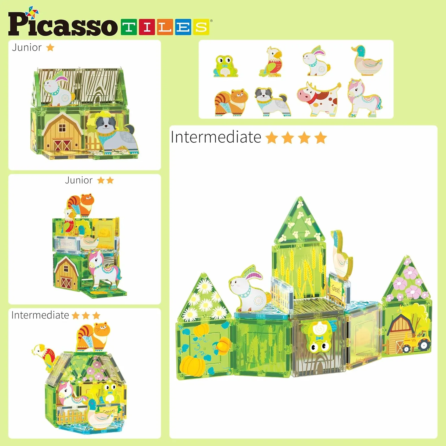 PicassoTiles Magnet Tile Building Blocks Printed Fall Farm Themed Animal Toy Set with 8 Farmyard Animals Character Action Figures Magnetic Tiles STEM Learning Fun Playset for Toddlers, Ages 3 