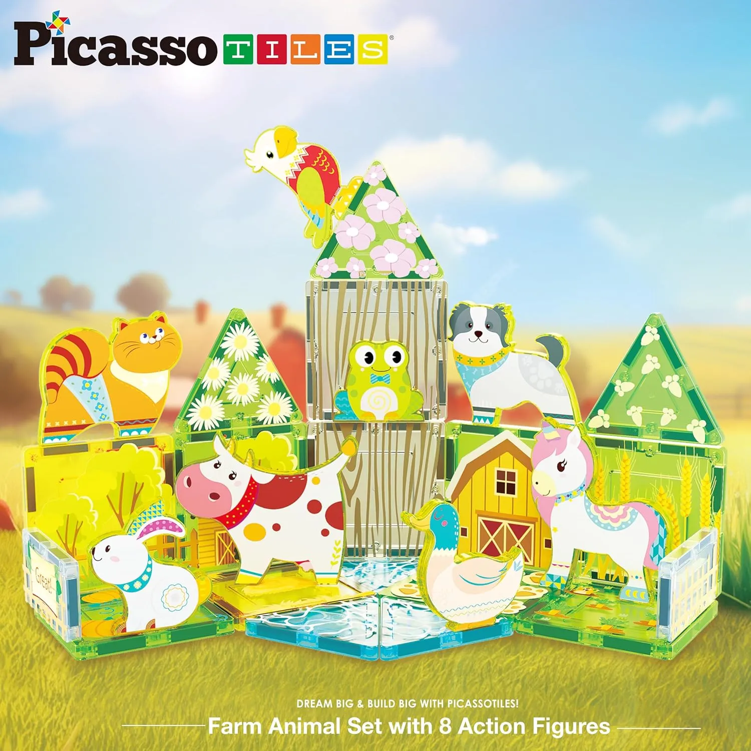 PicassoTiles Magnet Tile Building Blocks Printed Fall Farm Themed Animal Toy Set with 8 Farmyard Animals Character Action Figures Magnetic Tiles STEM Learning Fun Playset for Toddlers, Ages 3 