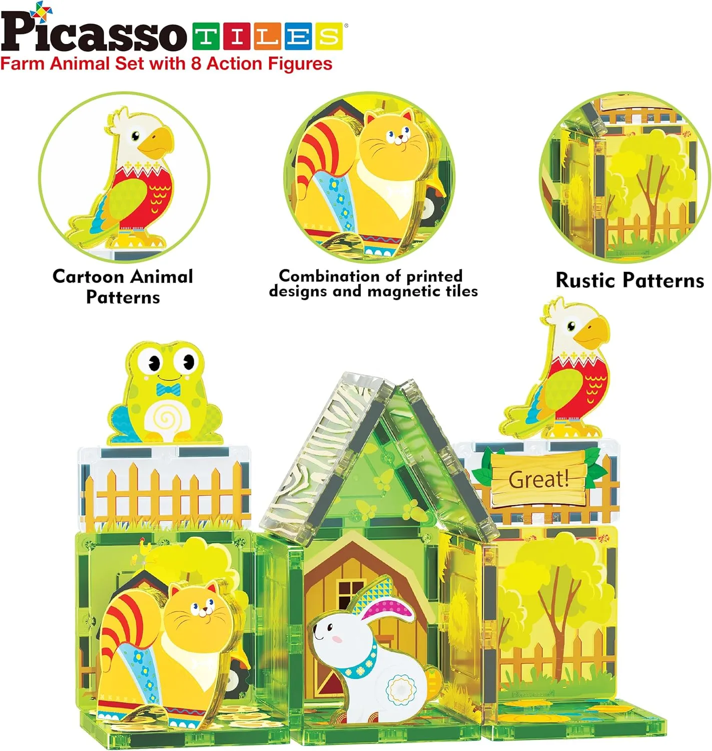 PicassoTiles Magnet Tile Building Blocks Printed Fall Farm Themed Animal Toy Set with 8 Farmyard Animals Character Action Figures Magnetic Tiles STEM Learning Fun Playset for Toddlers, Ages 3 