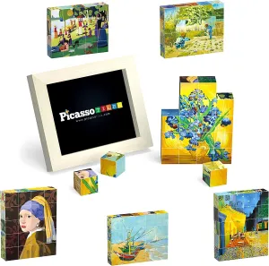PicassoTiles Magnetic Puzzle Cube 103pcs   World Famous Art, Mix & Match Cubes w/Free Idea Book Sensory Toys STEAM Education Learning Building Block, Popular World Famous Paintings with Free Frame