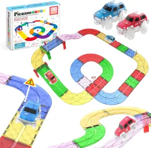 PicassoTiles Magnetic Race Track Toys Car Tracks Set for Toddlers Magnet Building Blocks Tiles Sensory Toys for Kids Include 2 Trucks STEM Engage in Thrilling Races Age 3  Year Old Boys Girls
