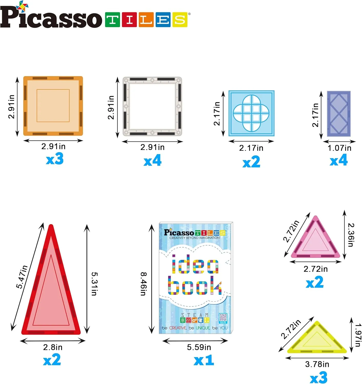 PicassoTiles Magnetic Tiles Magnet Tile Building Blocks Construction Set with 110  Page IdeaBook Included STEM Learning Toys Toddlers Educational Fun Pretend Play Kids Boys Girls Sensory Toys Ages 3 