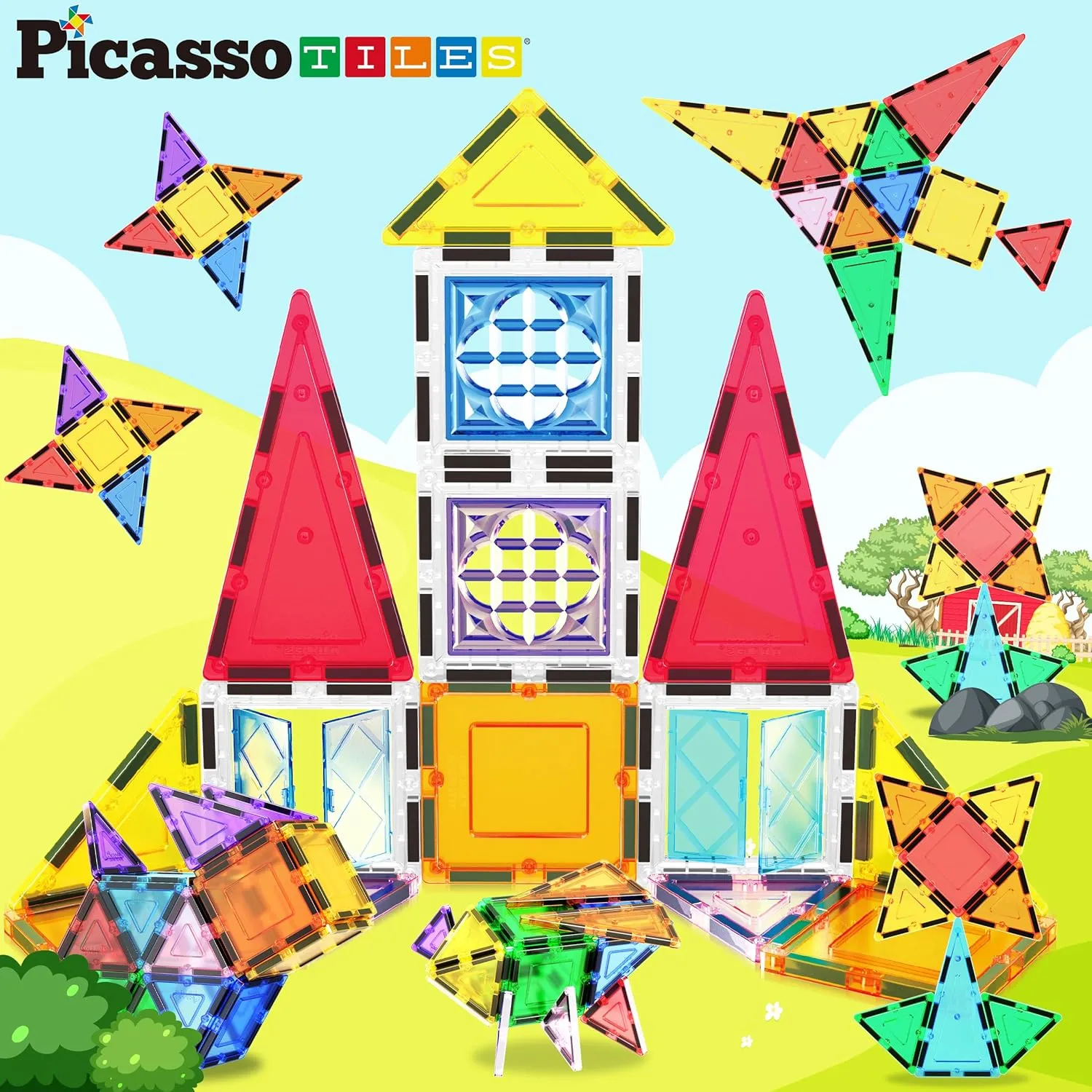 PicassoTiles Magnetic Tiles Magnet Tile Building Blocks Construction Set with 110  Page IdeaBook Included STEM Learning Toys Toddlers Educational Fun Pretend Play Kids Boys Girls Sensory Toys Ages 3 