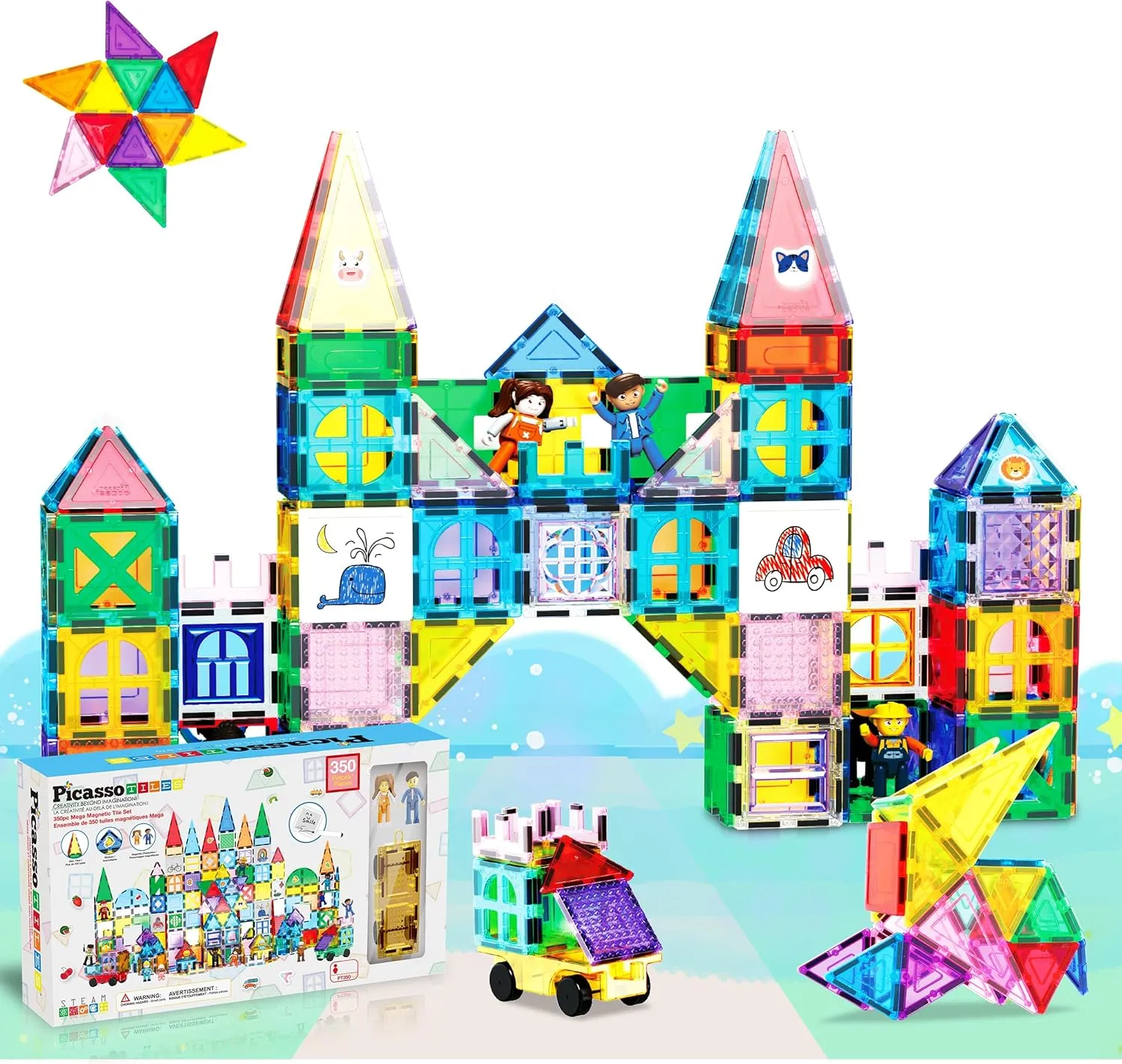 PicassoTiles Mega Magnetic Building Block 350 Piece Set Magnet Tile Construction Blocks with Car Base, Character Figures, Markers, Whiteboard, 110  Page Ideabook Included for Ages 3 Up STEM Learning