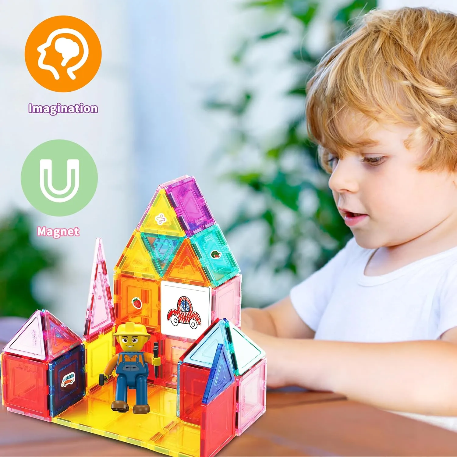 PicassoTiles Mega Magnetic Building Block 350 Piece Set Magnet Tile Construction Blocks with Car Base, Character Figures, Markers, Whiteboard, 110  Page Ideabook Included for Ages 3 Up STEM Learning