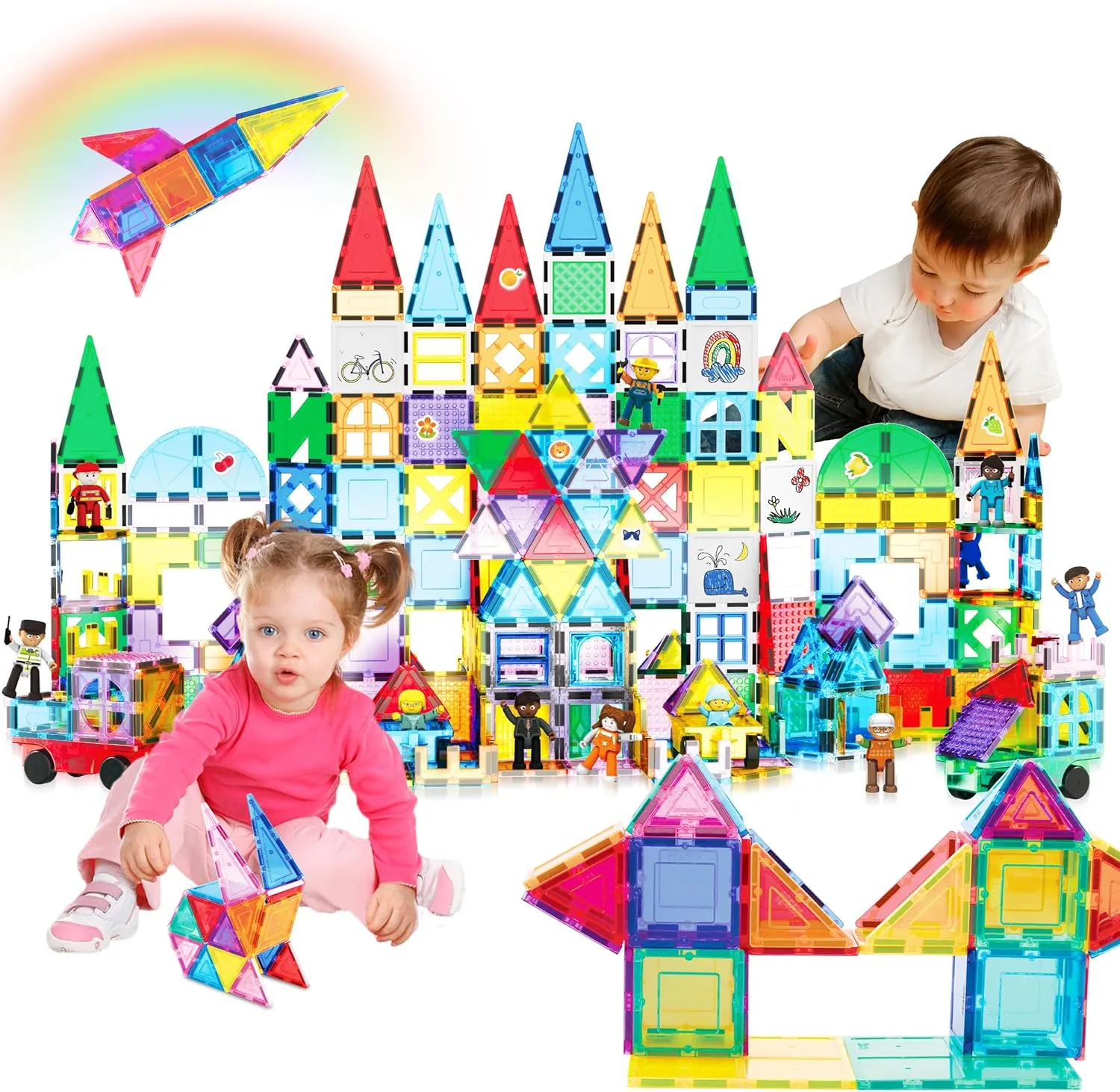PicassoTiles Mega Magnetic Building Block 350 Piece Set Magnet Tile Construction Blocks with Car Base, Character Figures, Markers, Whiteboard, 110  Page Ideabook Included for Ages 3 Up STEM Learning