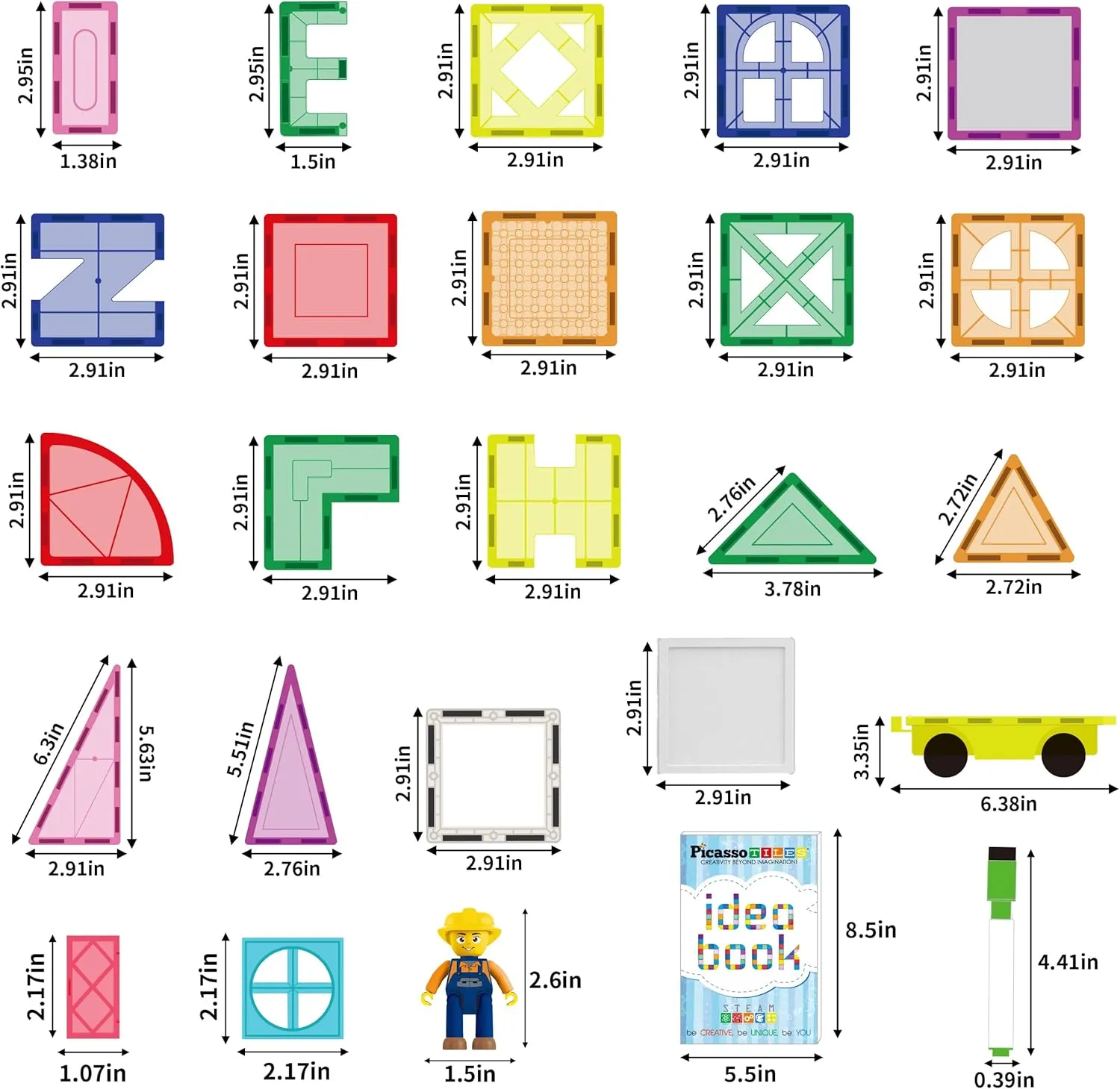 PicassoTiles Mega Magnetic Building Block 350 Piece Set Magnet Tile Construction Blocks with Car Base, Character Figures, Markers, Whiteboard, 110  Page Ideabook Included for Ages 3 Up STEM Learning
