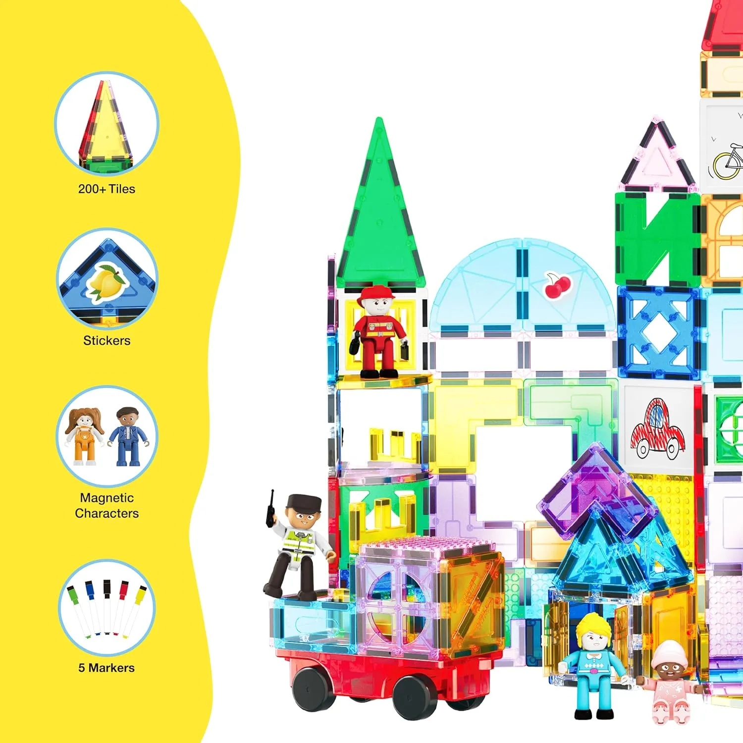 PicassoTiles Mega Magnetic Building Block 350 Piece Set Magnet Tile Construction Blocks with Car Base, Character Figures, Markers, Whiteboard, 110  Page Ideabook Included for Ages 3 Up STEM Learning