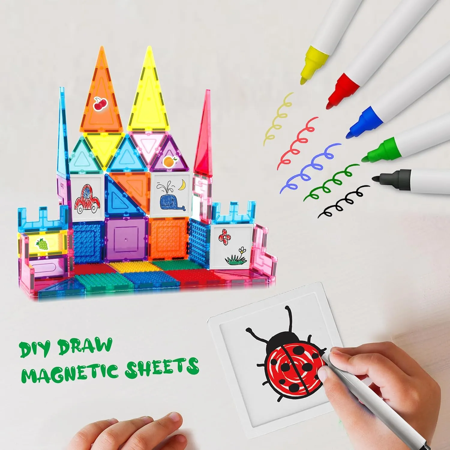 PicassoTiles Mega Magnetic Building Block 350 Piece Set Magnet Tile Construction Blocks with Car Base, Character Figures, Markers, Whiteboard, 110  Page Ideabook Included for Ages 3 Up STEM Learning