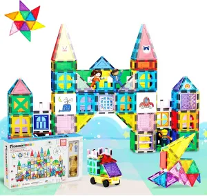PicassoTiles Mega Magnetic Building Block 350 Piece Set Magnet Tile Construction Blocks with Car Base, Character Figures, Markers, Whiteboard, 110  Page Ideabook Included for Ages 3 Up STEM Learning