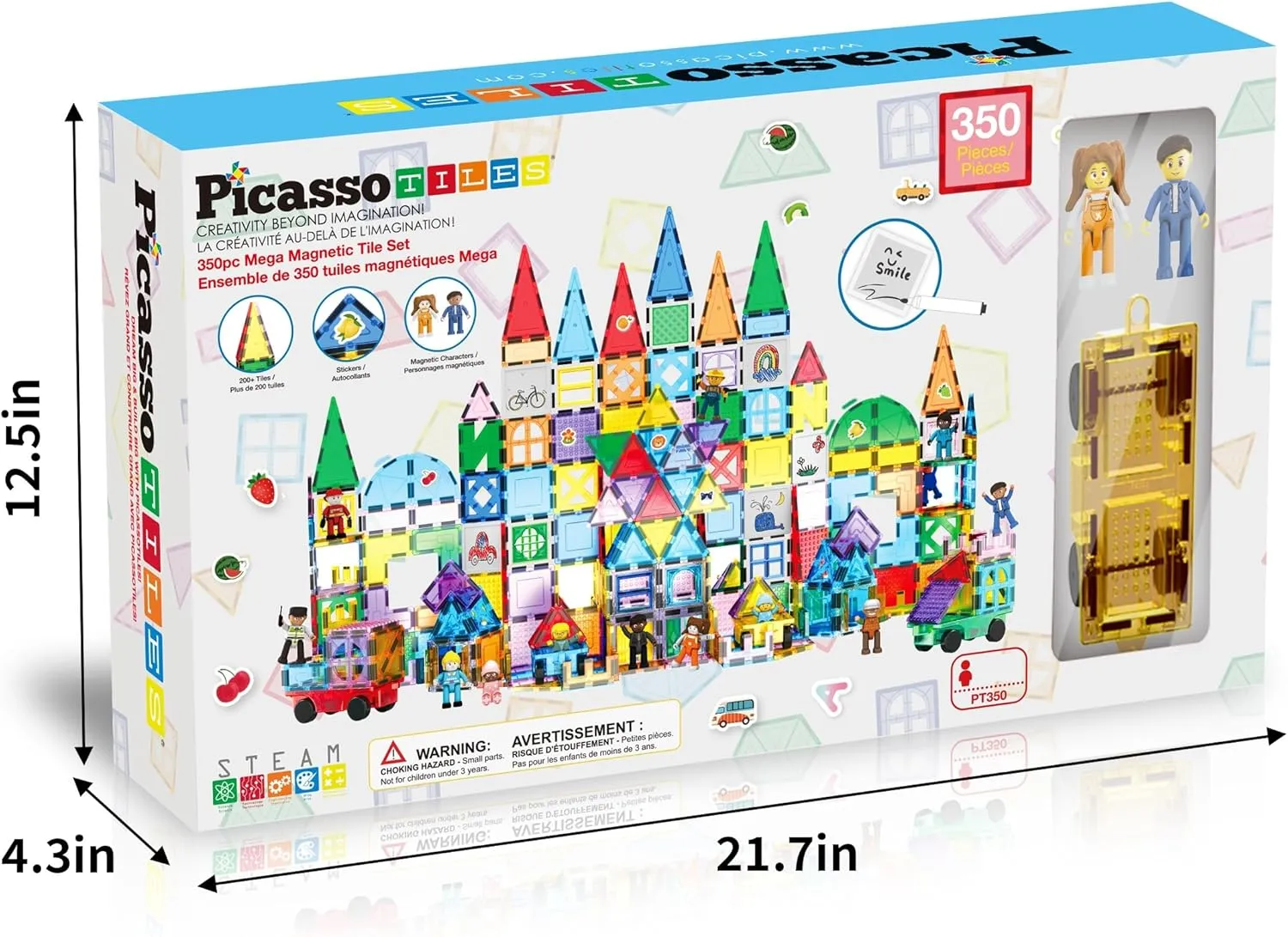 PicassoTiles Mega Magnetic Building Block 350 Piece Set Magnet Tile Construction Blocks with Car Base, Character Figures, Markers, Whiteboard, 110  Page Ideabook Included for Ages 3 Up STEM Learning