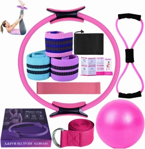 Pilates Essentials Kit for Women, Home Pilates Kit with Yoga Ball 25cm Figure 8 Resistance Yoga Bands, Pilates Rings Booty Bands with for Home Use and Gym Workout