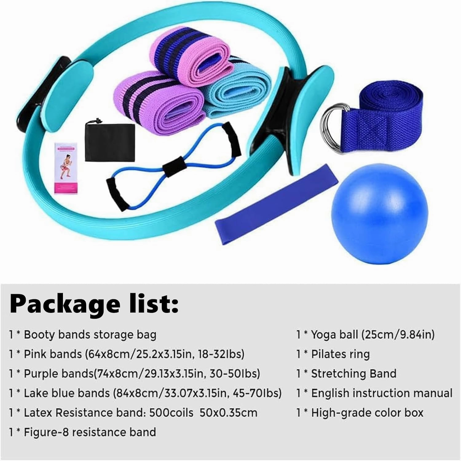 Pilates Essentials Kit for Women, Home Pilates Kit with Yoga Ball 25cm Figure 8 Resistance Yoga Bands, Pilates Rings Booty Bands with for Home Use and Gym Workout