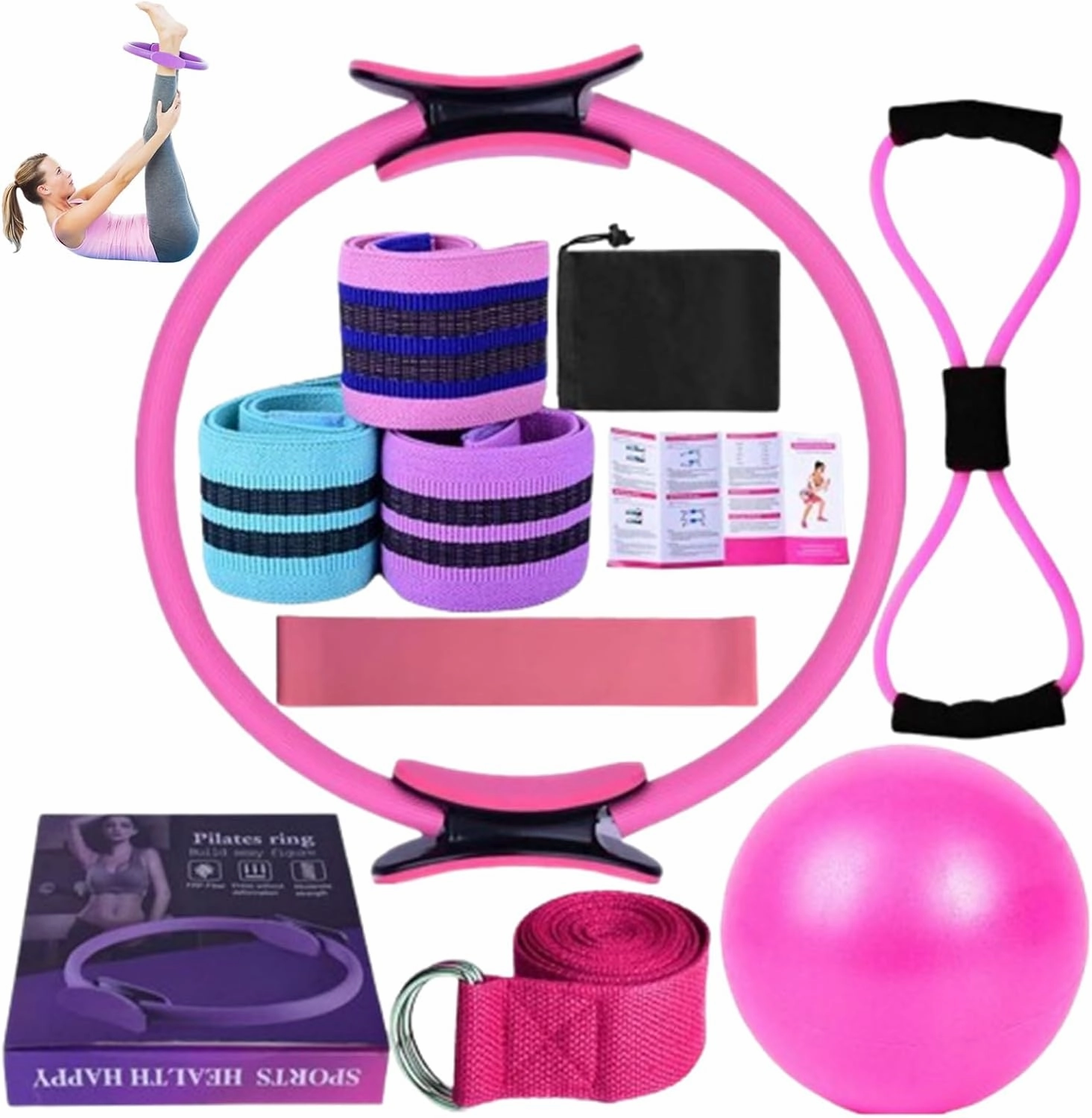 Pilates Essentials Kit for Women, Home Pilates Kit with Yoga Ball 25cm Figure 8 Resistance Yoga Bands, Pilates Rings Booty Bands with for Home Use and Gym Workout