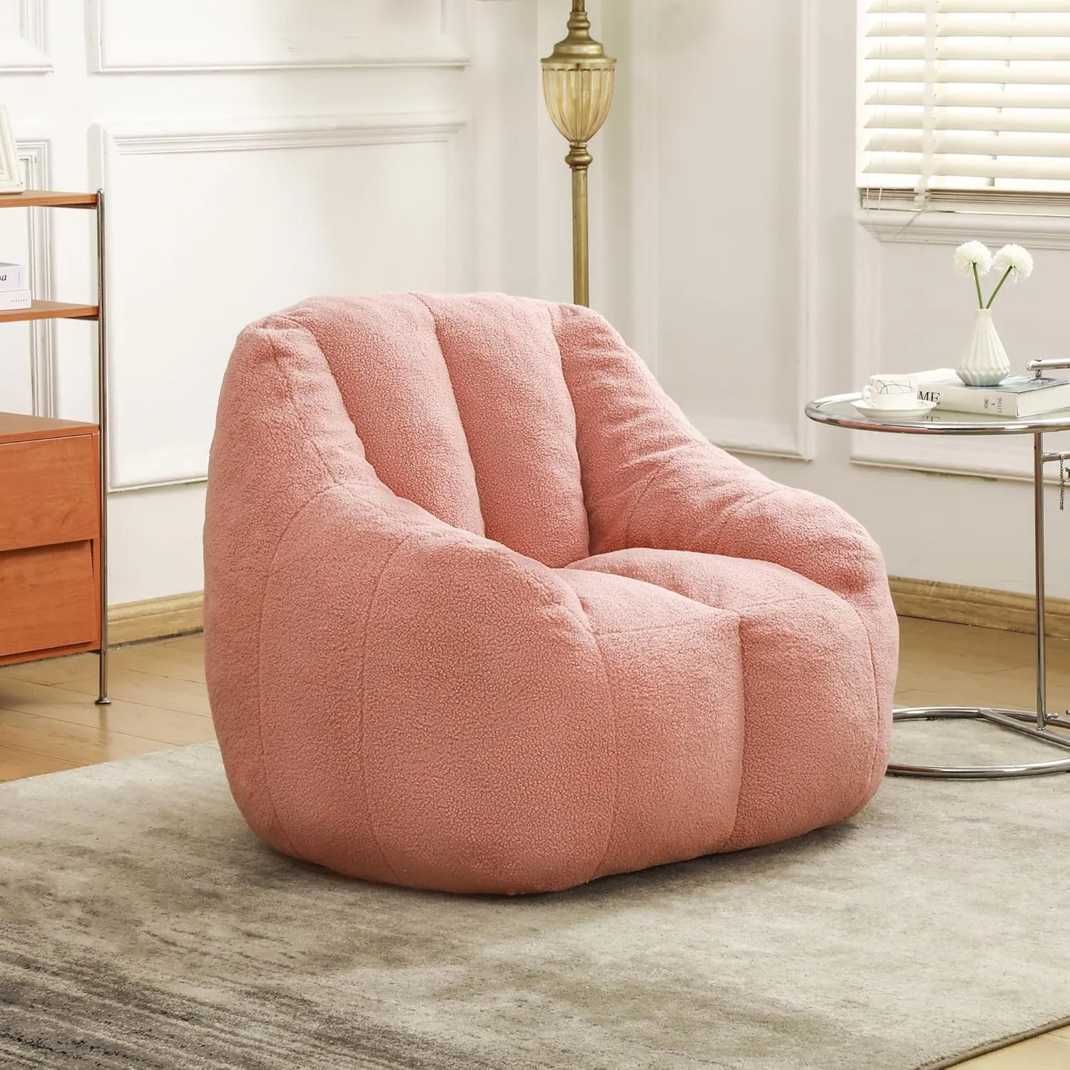 Pink Bean Bag Chair with Memory Foam Filler – Soft Tufted Fluffy Lazy Sofa for Dorm, Apartment, Living Room – Cozy Beanbag for Kids & Adults