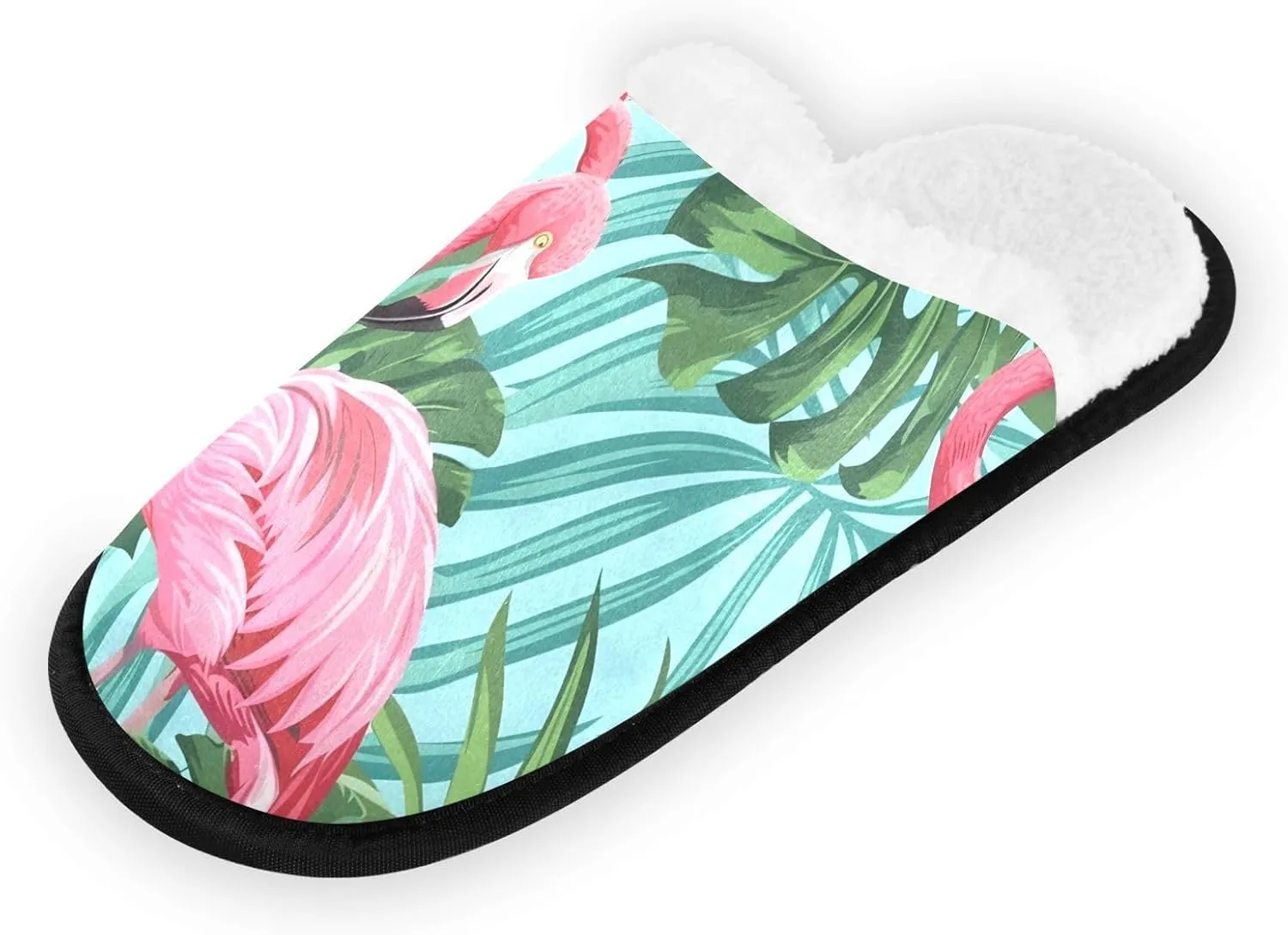 Pink Flamingo Leaves Plush Slippers for Women Men Warm Comfortable Travel Spa Slipper Non-slip House Shoes