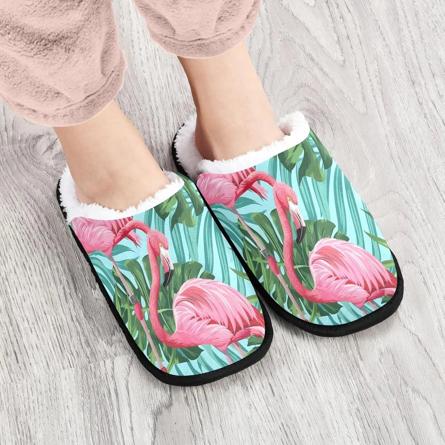 Pink Flamingo Leaves Plush Slippers for Women Men Warm Comfortable Travel Spa Slipper Non-slip House Shoes