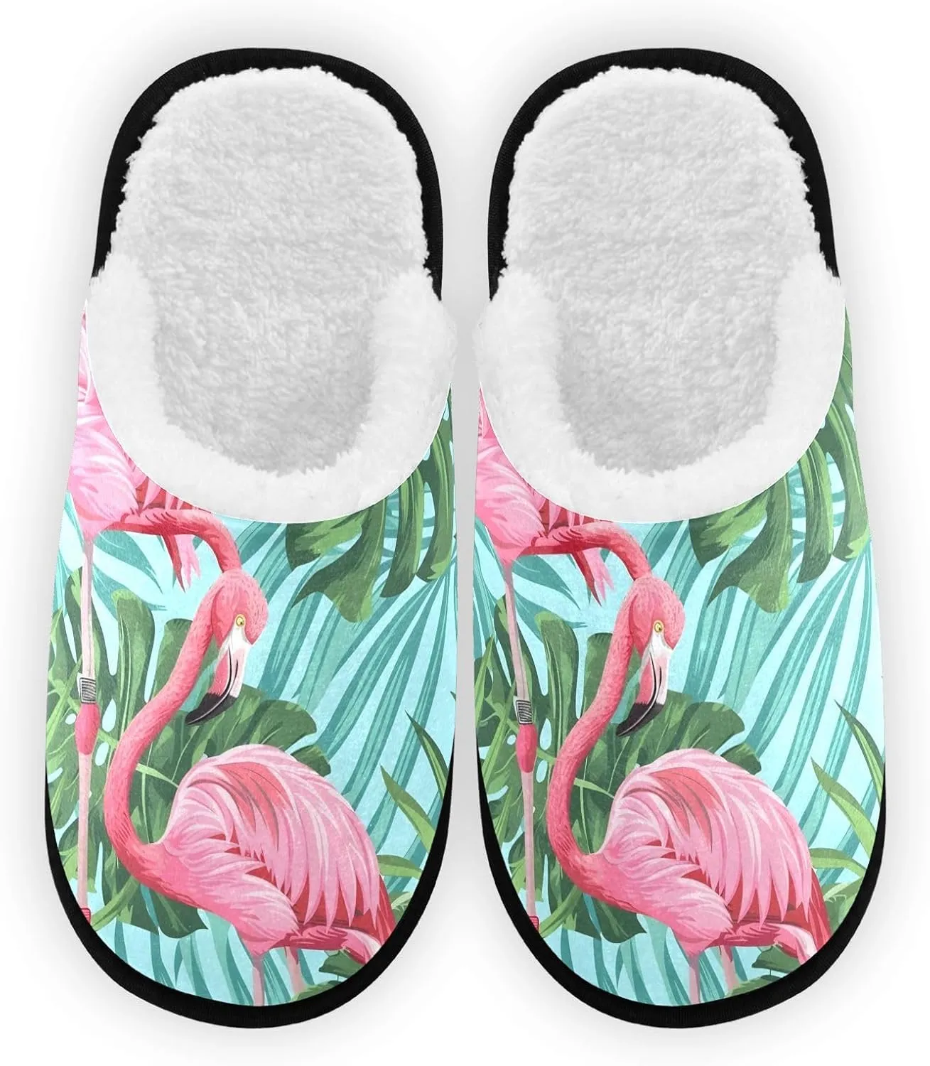 Pink Flamingo Leaves Plush Slippers for Women Men Warm Comfortable Travel Spa Slipper Non-slip House Shoes