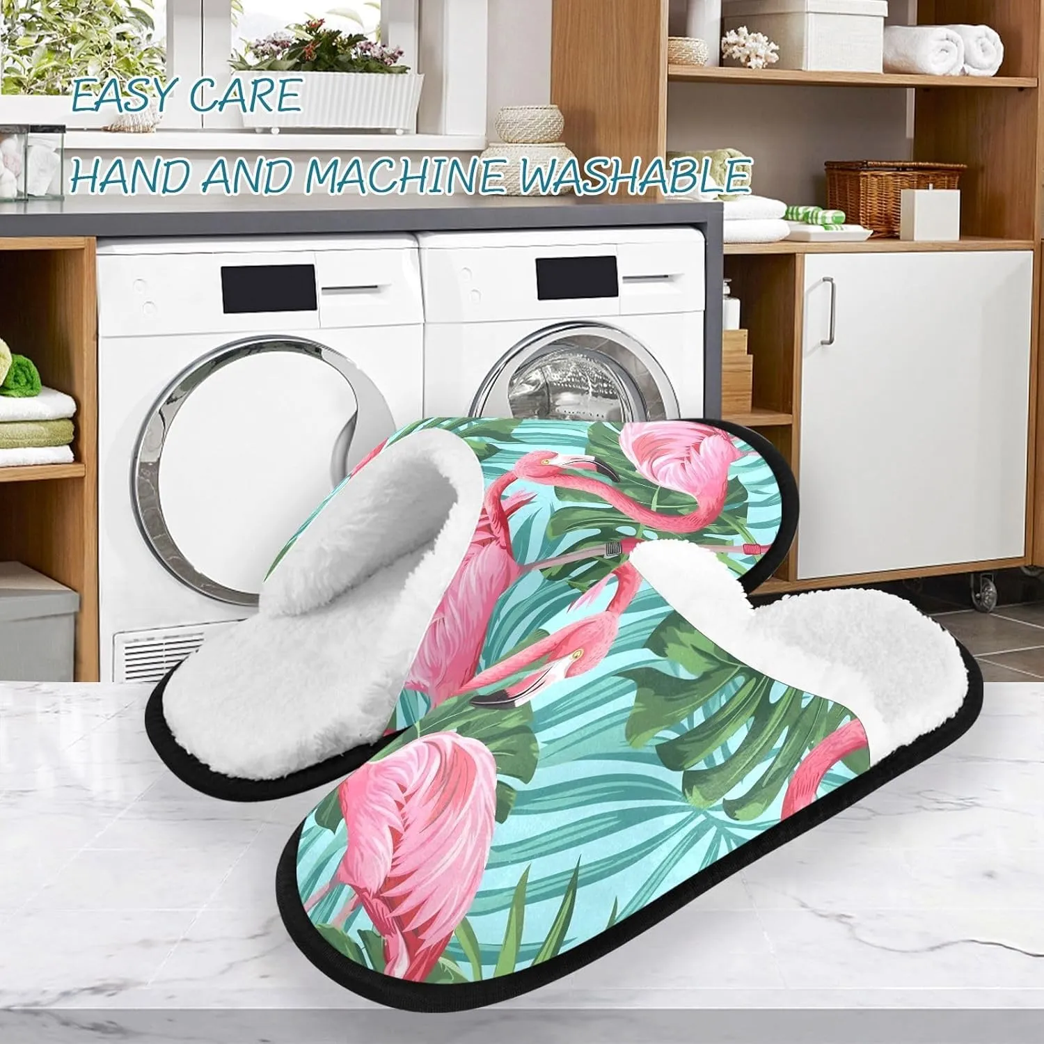 Pink Flamingo Leaves Plush Slippers for Women Men Warm Comfortable Travel Spa Slipper Non-slip House Shoes