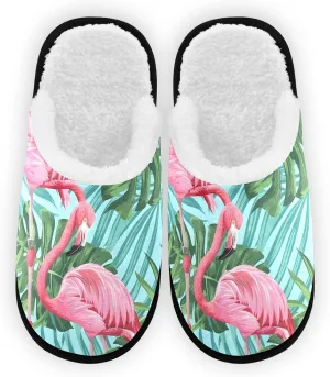 Pink Flamingo Leaves Plush Slippers for Women Men Warm Comfortable Travel Spa Slipper Non-slip House Shoes