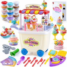 PLAY Ice Cream Cart Toys for Kids - Color Dough Sets for Kids Ages 4-8 with 12 Cans, Pretend Play Toy Ice Cream Shop Counter Playset for Girls Boys Gifts