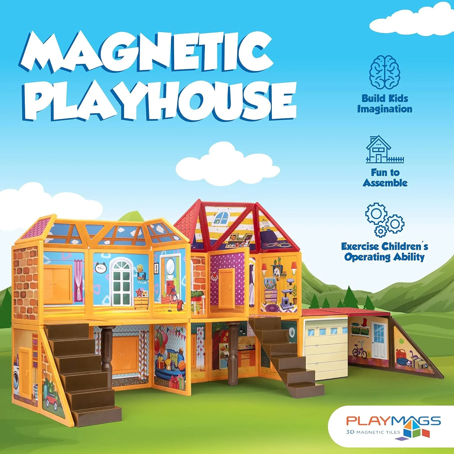 Playmags Magnetic Tiles Building Set, Dollhouse Pretend Play Toy, Creativity and Educational Magnet Blocks Stem Toys, Imaginative Birthday Gift for Kids Ages 3 