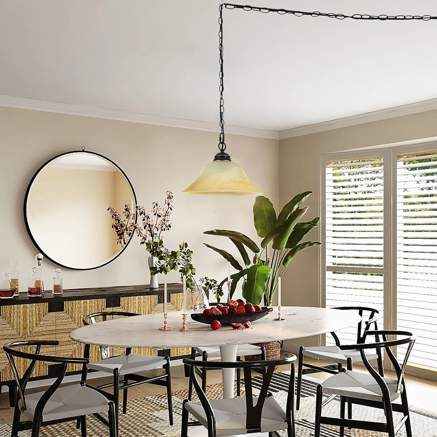 Plug in Pendant Light Fixture with Retro Alabaster Glass Shade, Black & Gold Hanging Lamp with Dimmable Switch,16.4Ft Cord & 14.7Ft Chain for Kitchen Sink Corner Nook